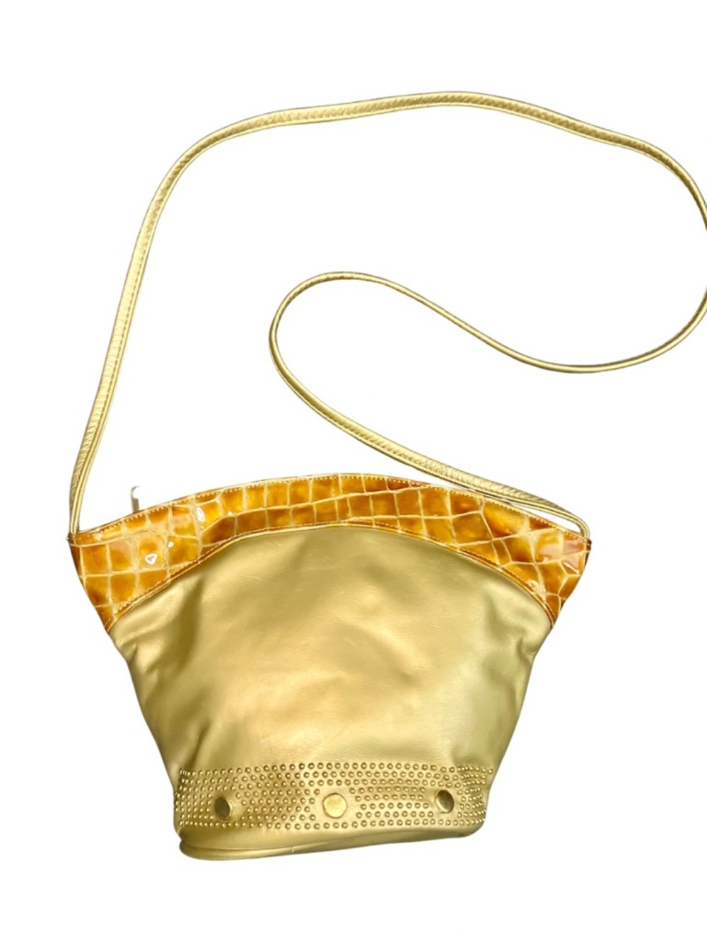 Gold Faux Leather Croc Trim Crossbody Bag Studded Accent Shoulder Purse - Picture 2 of 7
